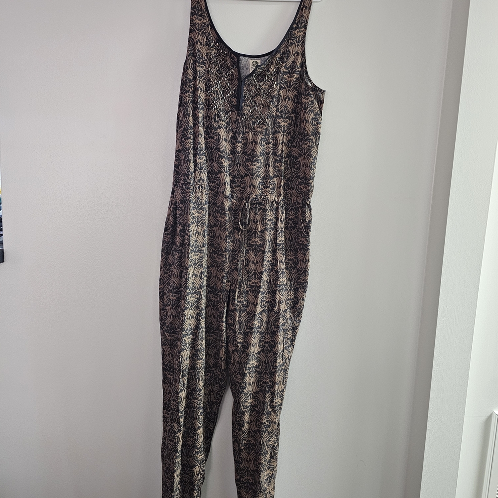 Chic Patterned Jumpsuit Black Brown Drawstring Waist Bohemian Neutral Casual Fun